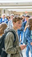 Teenager with backpack and smartphone walking in busy school hallway during class change photo