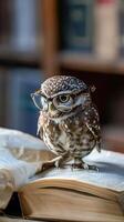 Wise owl wearing glasses, reading a book in a library setting photo