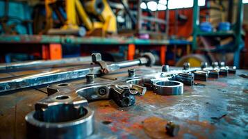 Close-up of metal parts and tools on a workbench in an industrial workshop photo