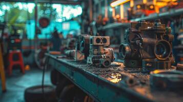 Detailed view of mechanical parts on a workbench in an industrial workshop photo