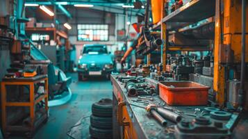 Automotive workshop with tools and vintage car in the background photo
