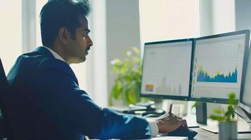 Business analyst working on financial data with dual monitors in modern office photo