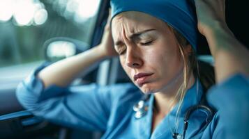 Exhausted nurse in scrubs taking a break in car after long shift photo