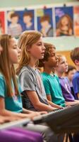 Children learning music in classroom with keyboards and focus photo