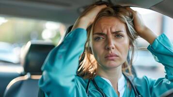 Stressed female doctor sitting in car with hands on head after long shift photo