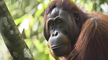 Close-up of thoughtful orangutan in lush jungle setting photo