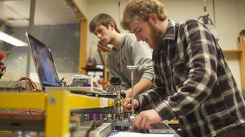 Students collaborating on engineering project with high-tech equipment photo
