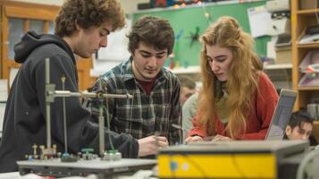 High school students collaborating on science project in classroom photo