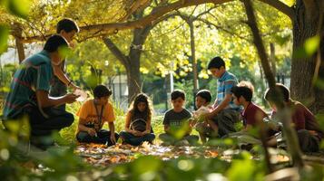 Children learning in outdoor classroom under a tree in autumn photo