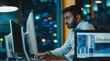 Focused Businessman Working Late at Office with Multiple Monitors photo