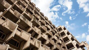 Brutalist architecture building with geometric concrete balconies photo