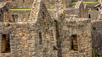 Intricate stone architecture of ancient Inca ruins in Machu Picchu photo