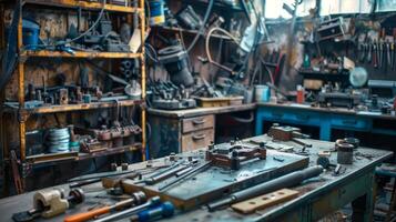 Detailed view of a cluttered and rustic metalworking workshop photo