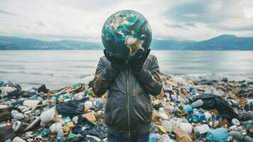 Man holding Earth globe amidst ocean trash photo