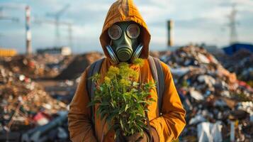 Activist in gas mask with plant in polluted industrial area photo