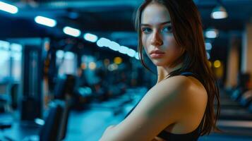 Confident Woman in Modern Gym with Intense Expression photo