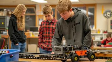 Robotics club team building a robot prototype in high school lab photo