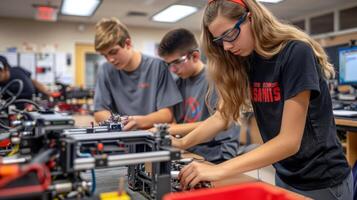 Focused robotics club members assembling robot prototype photo
