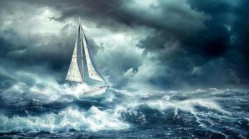 Stormy seas with sailboat in rough weather photo