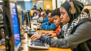 Diverse students collaborating in a technology-focused classroom photo