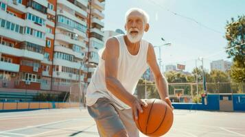 Senior man enjoying a game of basketball outdoors photo