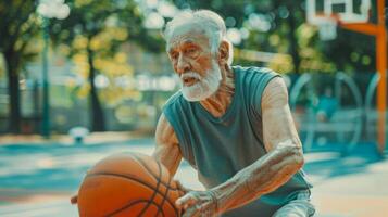 Determined senior man playing basketball on urban court photo