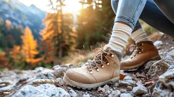 Close-up of hiker's boots on rocky mountain trail photo