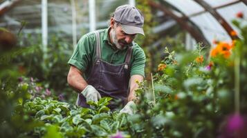 Man working in greenhouse surrounded by plants photo
