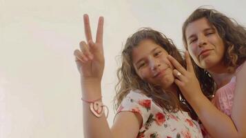 Smiling girls making peace signs in casual setting photo