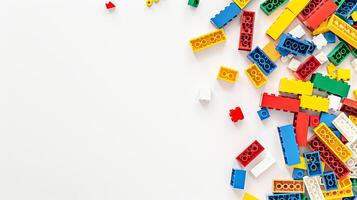 Scattered colorful building blocks on white background photo