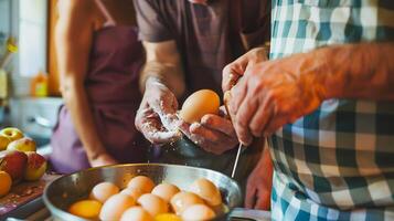 Family cooking together, cracking eggs for breakfast photo