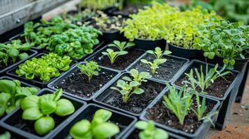 Variety of seedlings in pots growing in a greenhouse photo