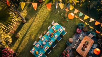 Aerial view of colorful garden party with decorations and setup photo