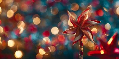Red pinwheel with glitter and bokeh lights background photo