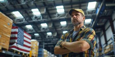 Confident worker standing in warehouse with American flag background photo