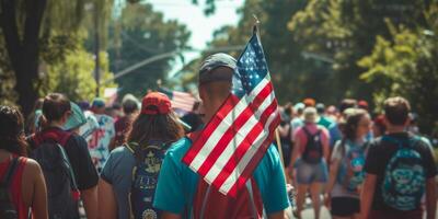 Crowd Celebrating Fourth of July Parade with American Flag photo