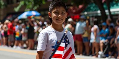Smiling Boy Holding American Flag at Fourth of July Parade photo