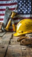American Flag and Construction Tools Representing American Workforce photo