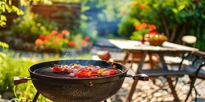 Barbecue grill with food and a beautiful garden background photo