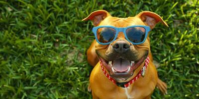 Smiling dog in sunglasses with American flag print photo