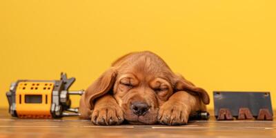 Cute puppy napping with tools in garage photo