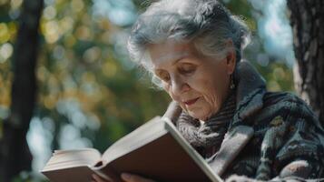 Senior woman enjoying a book in autumn forest photo