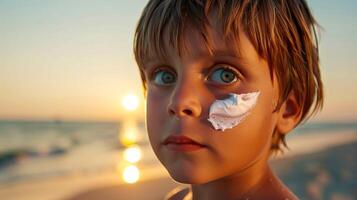 Boy with Sunscreen on Face at Sunset Beach photo