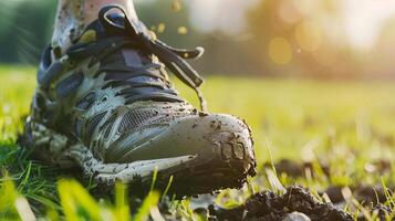 Close-up of muddy running shoe during trail run in nature photo