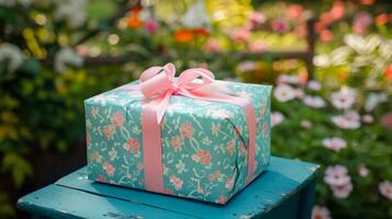 Close-up of birthday present with pink ribbon in floral setting photo