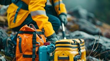 Emergency responders preparing equipment on site photo