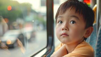 Close-up of little boy looking out of a bus window photo