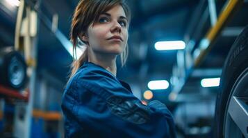 Female auto mechanic working on a car tire in the workshop photo