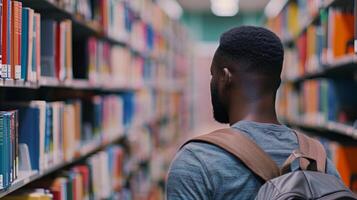 Young man exploring library shelves for study materials photo
