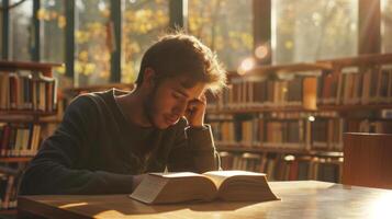 Male student in library studying and reading book photo